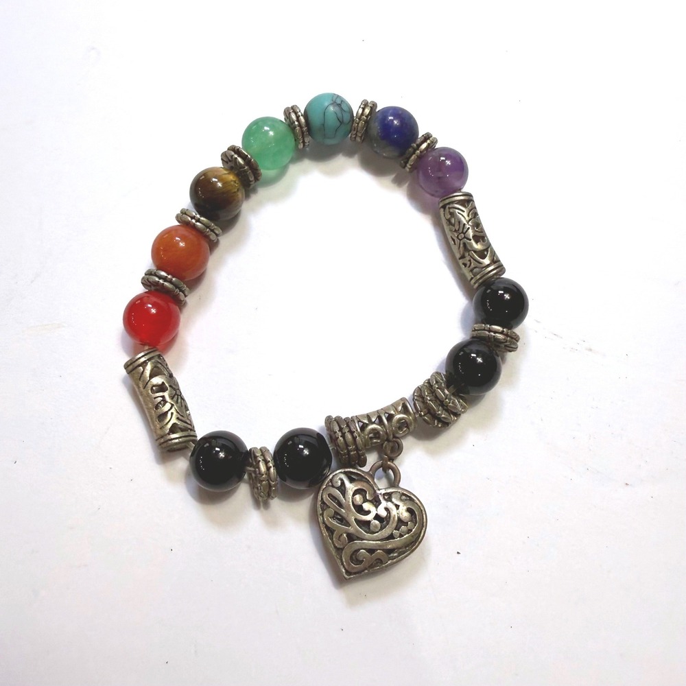 Chakra Bead Stretch Bracelet Silver Heart Charm Natural Stone Healing Jewelry